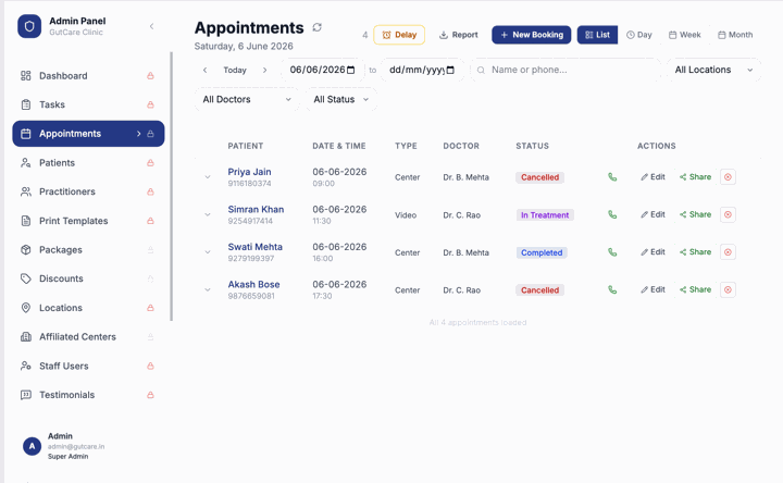Appointments list on a tablet